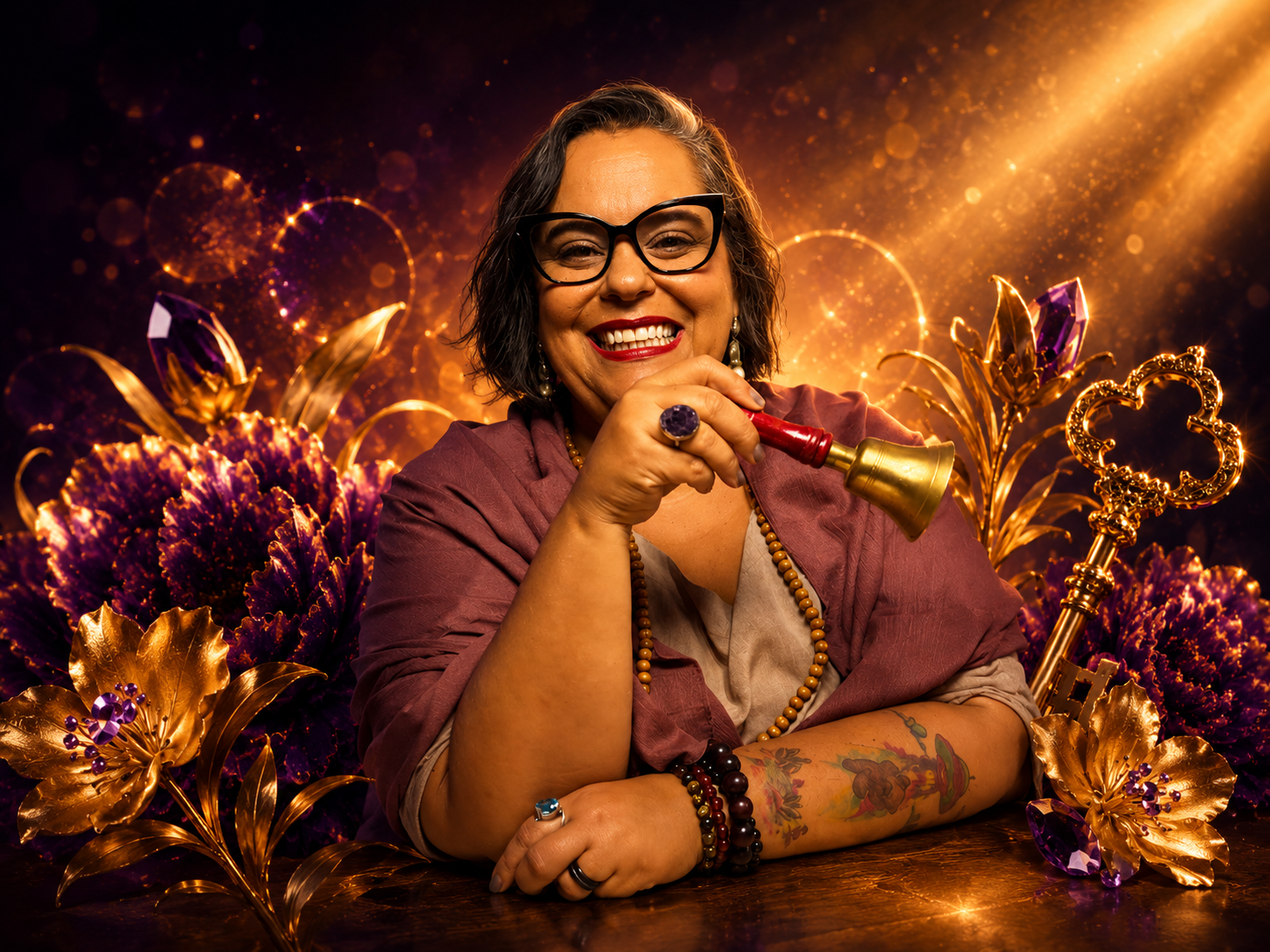 Moana Grandinetti em composição dourada com flores e chave
